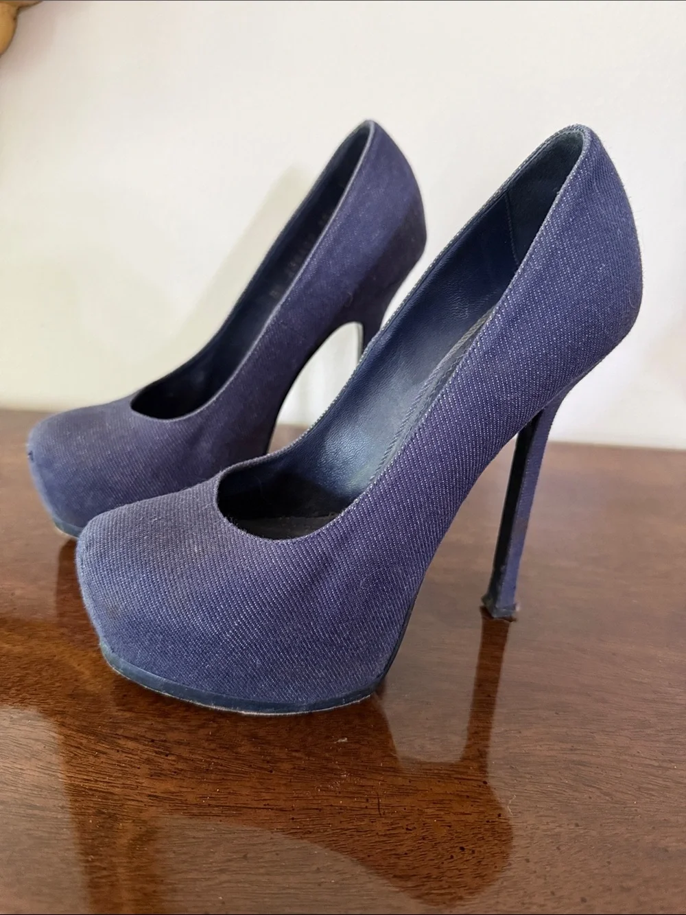 Saint Laurent Navy Canvas Platform Pumps - Dark Blue - Picture 2 of 5